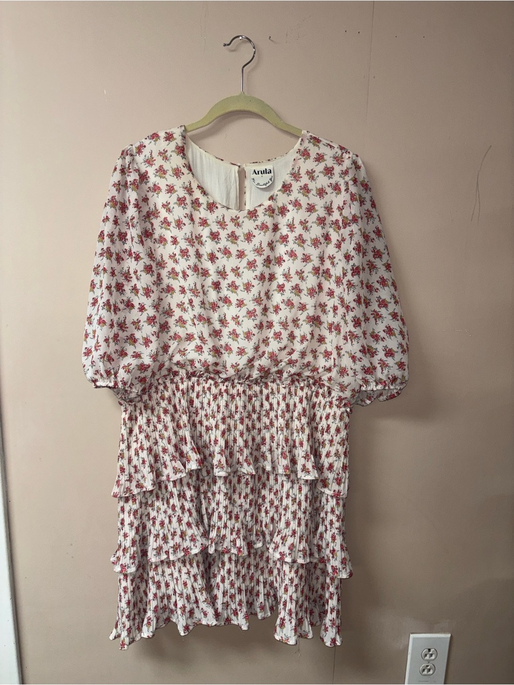 ARULA White Dress with Red Floral Print and Tiered Ruffles Sz B 2X 18/20